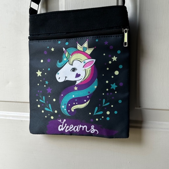 Dreams Black Canvas print Unicorn front adjustable strap Crossbody Bag. - Picture 12 of 12